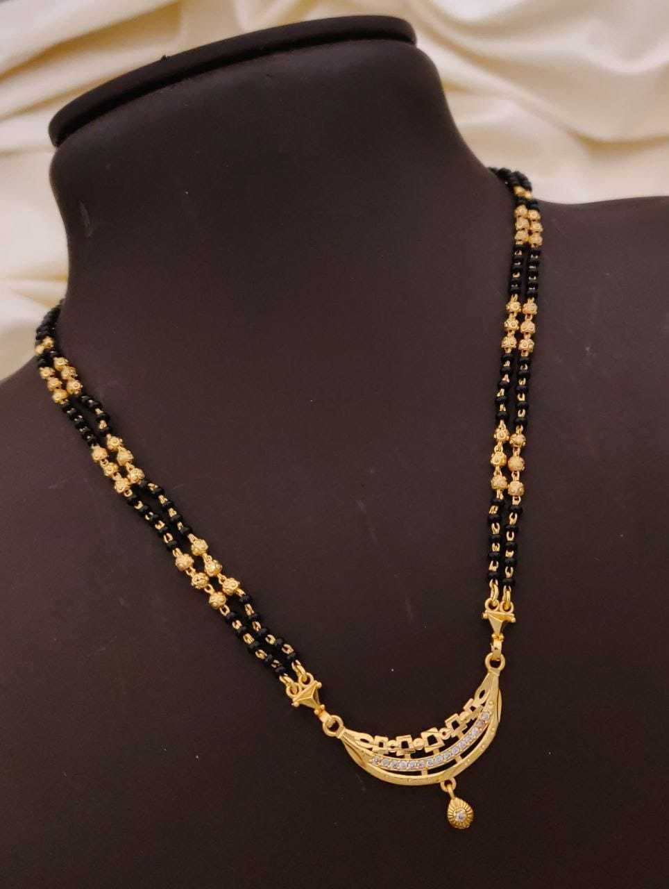 Curved CZ Pendant Mangalsutra with Double Gold Bead Strand