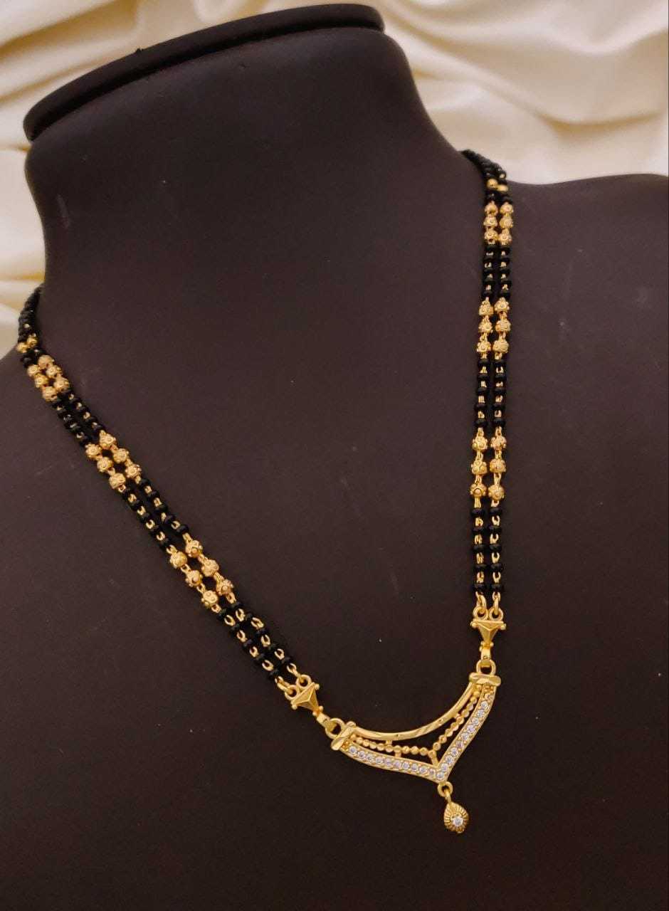 Curved CZ Pendant Mangalsutra with Double Gold Bead Strand