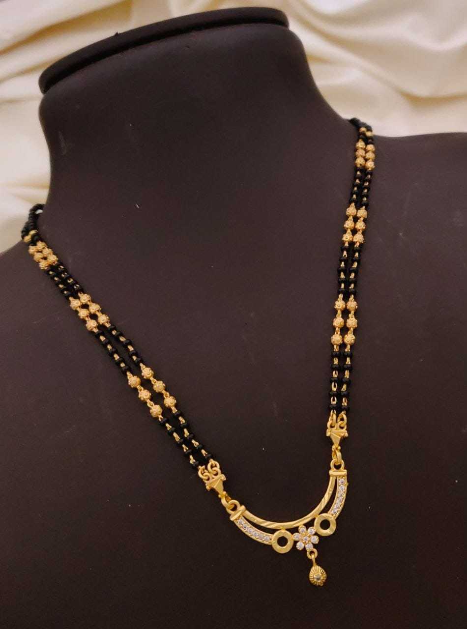 Curved CZ Pendant Mangalsutra with Double Gold Bead Strand