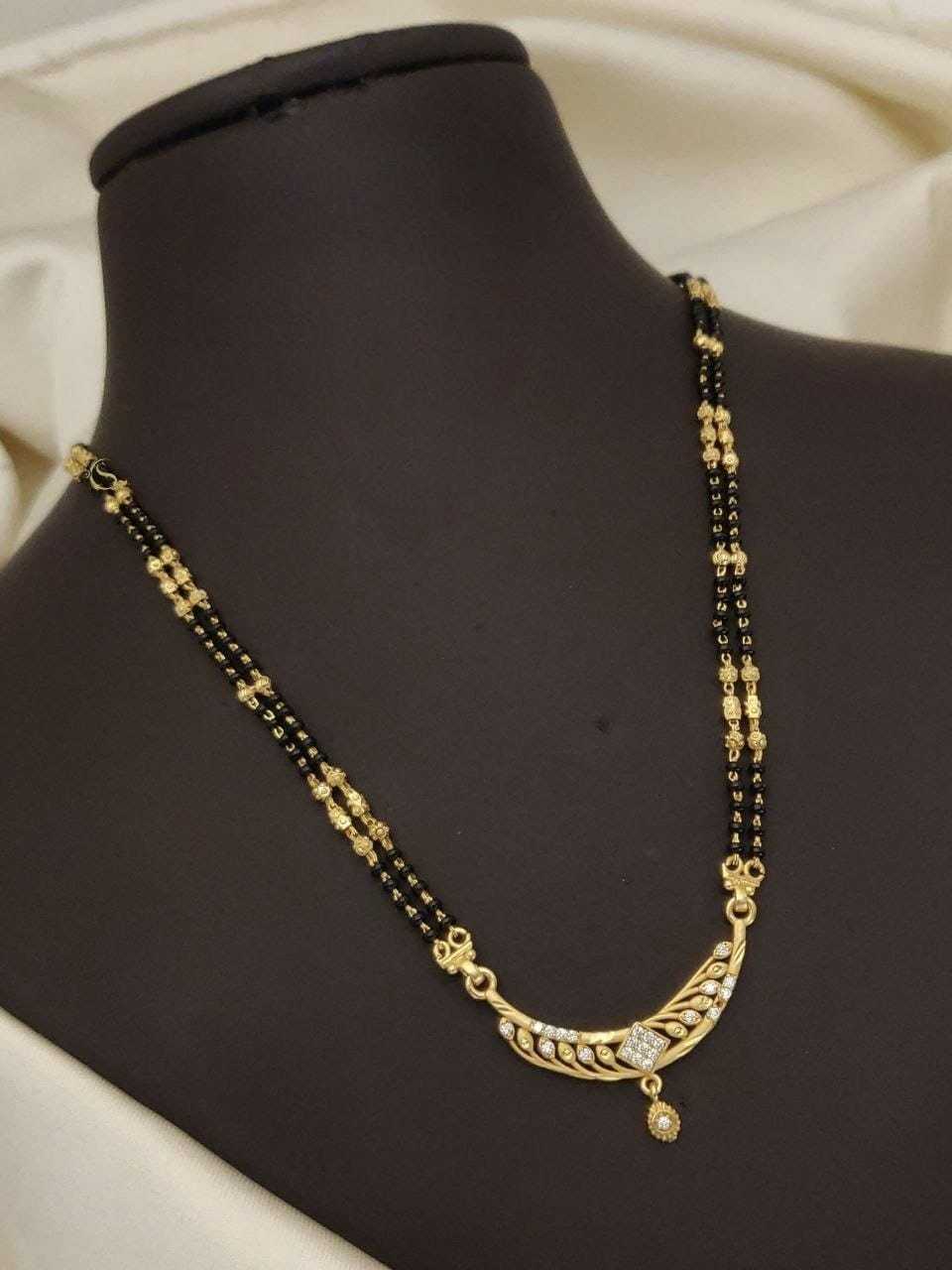 Curved CZ Pendant Mangalsutra with Double Gold Bead Strand
