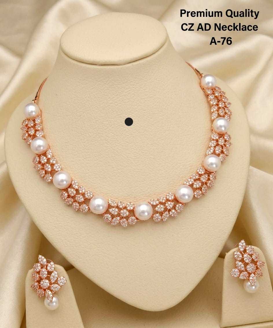 CZ AD Pearl Necklace Set in Rose Gold
