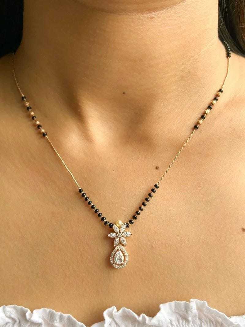 Dainty AD Stone Mangalsutra with Floral, Teardrop & Halo Pendants