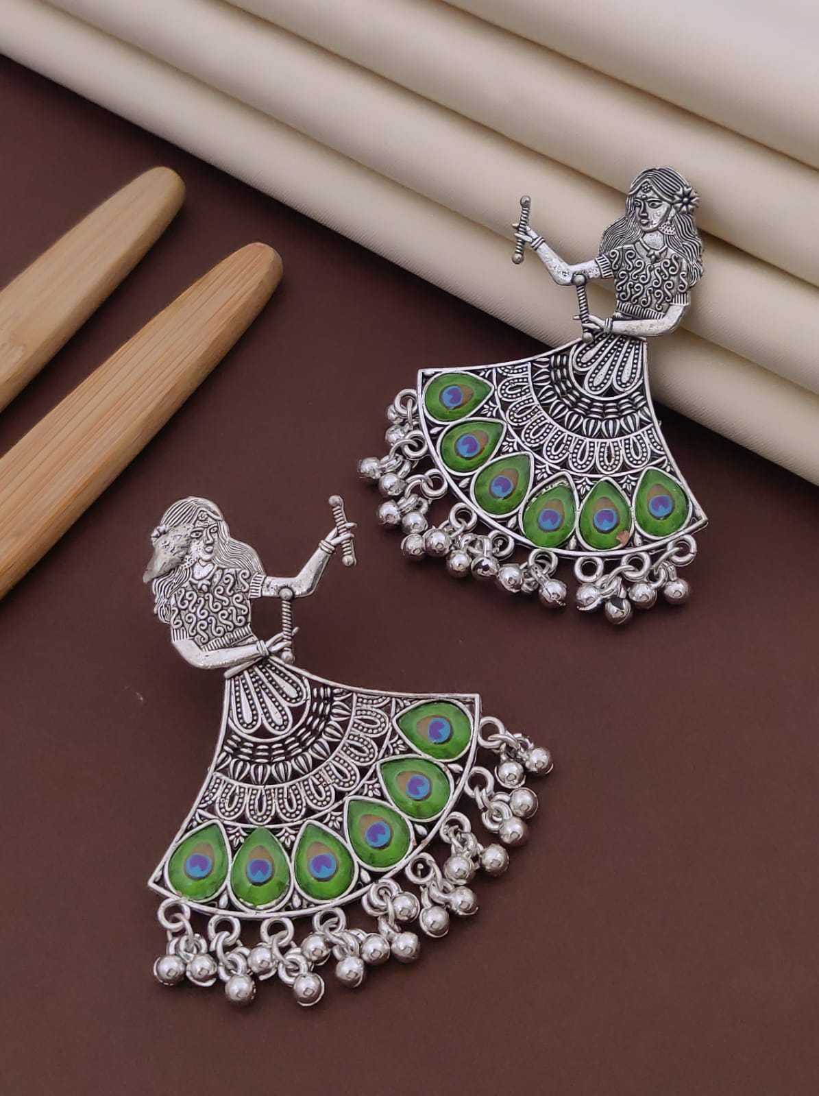 Dandiya Dancer Earrings with Peacock Feather Enamel Skirt
