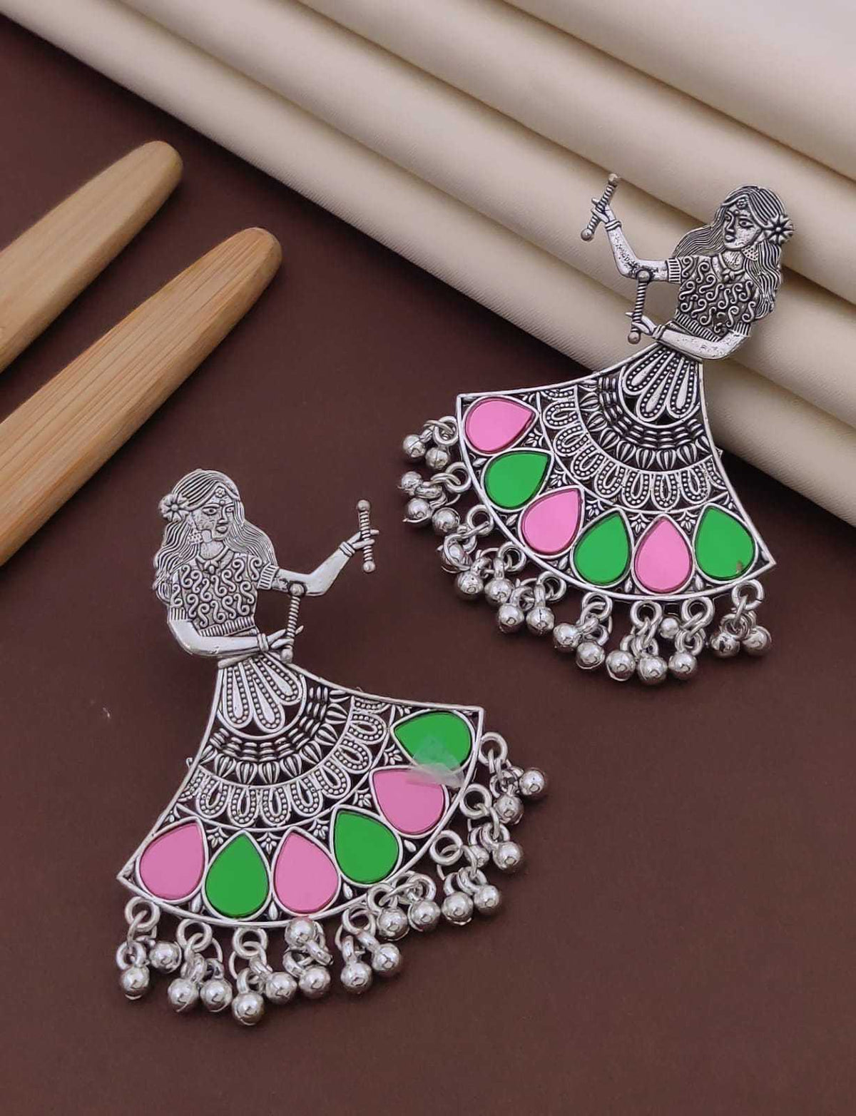 Dandiya Dancer Earrings with Peacock Feather Enamel Skirt