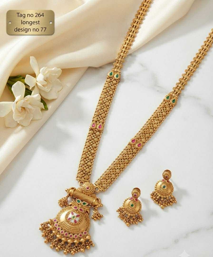 Dome Pendant Long Necklace Set with Ruby Kundan Flower and Bar