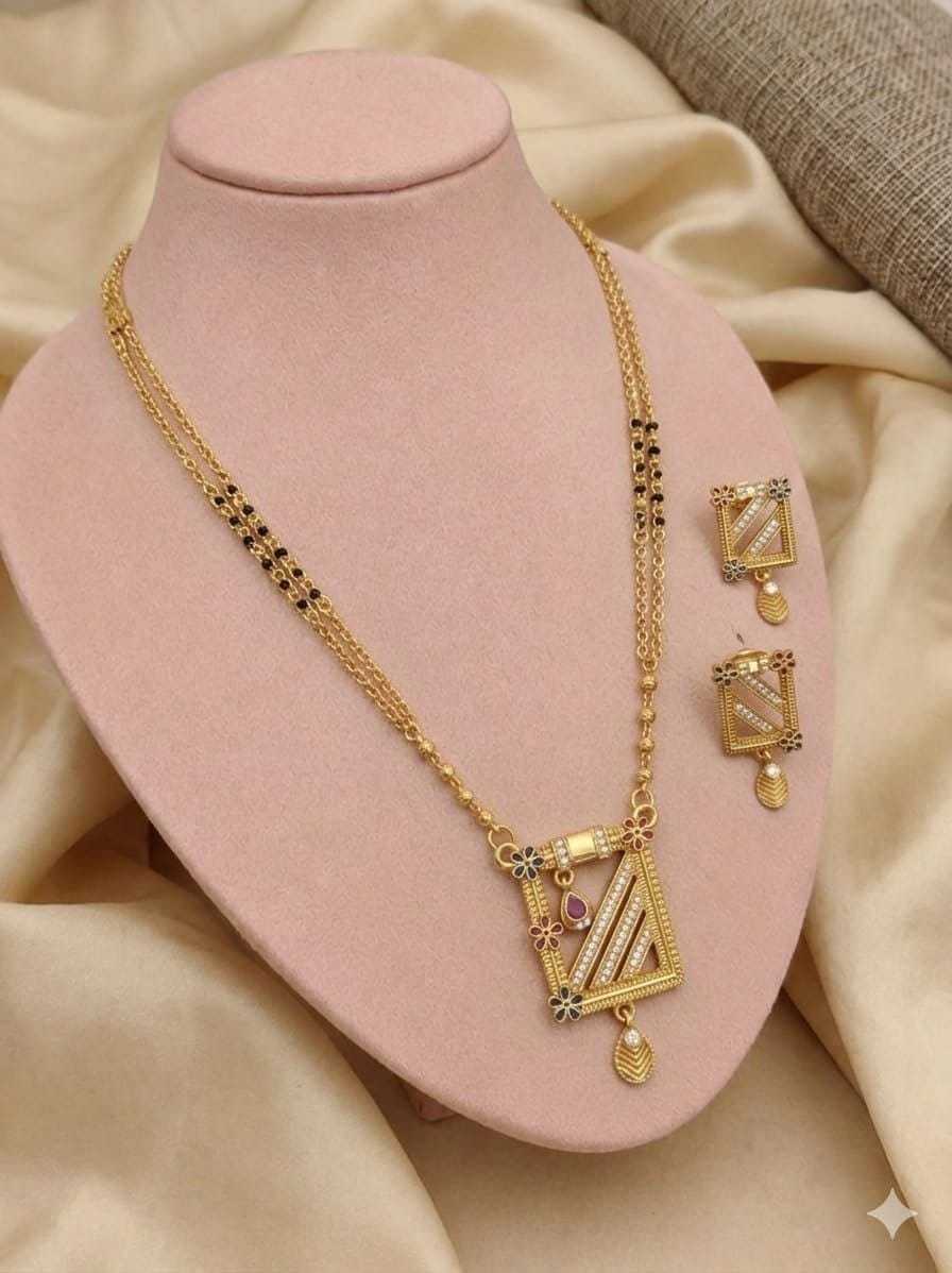 Double Layer Mangalsutra Pendant Set with Ruby Centre & Earrings