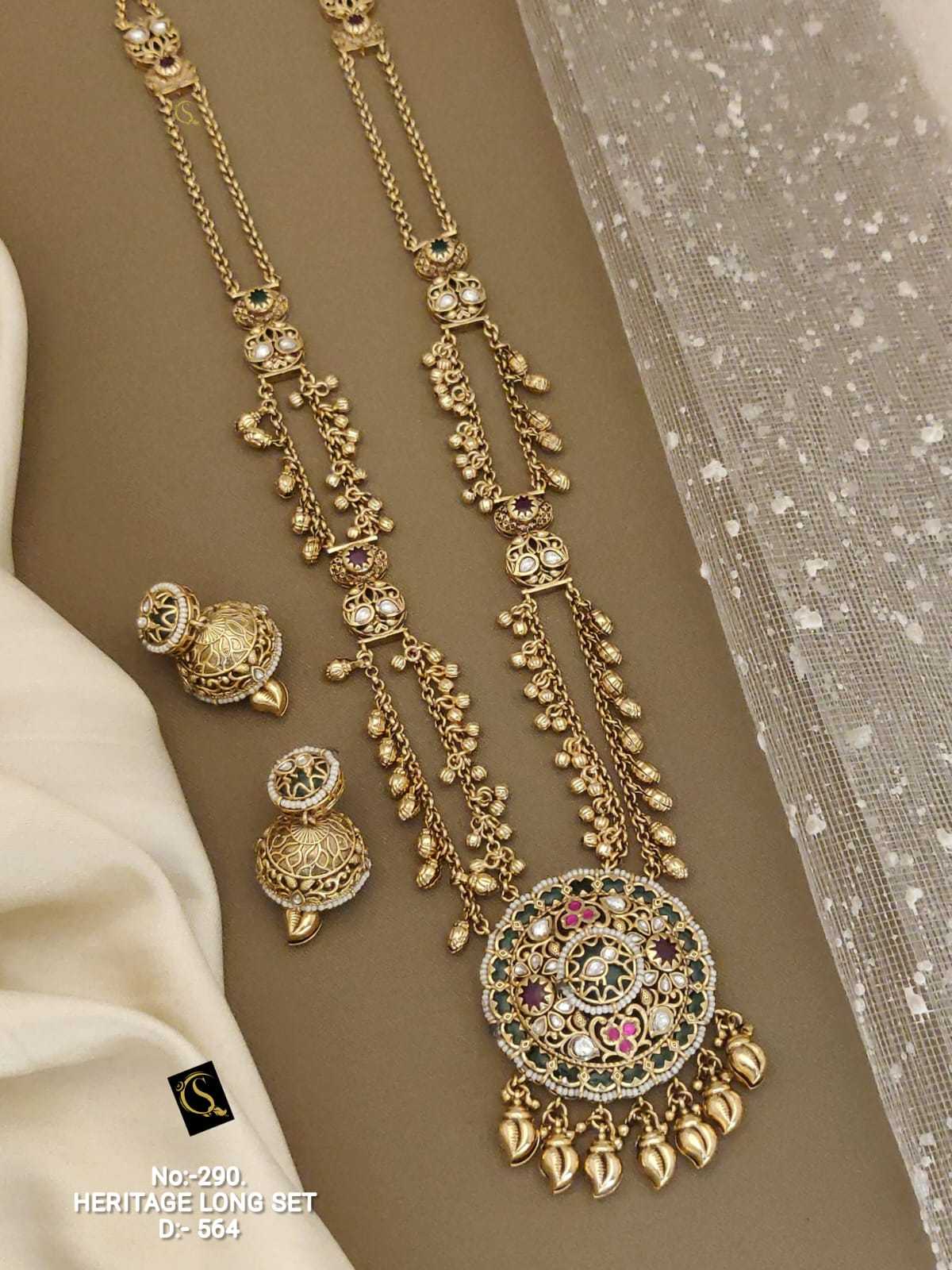 Double Line Heritage Long Set with Round Stone Medallion