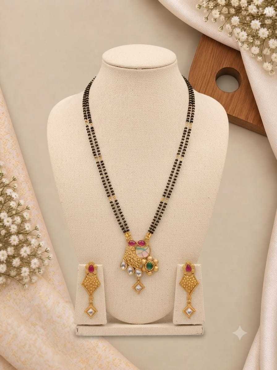 Double Line Mangalsutra with Pastel Enamel Pendant and Studs