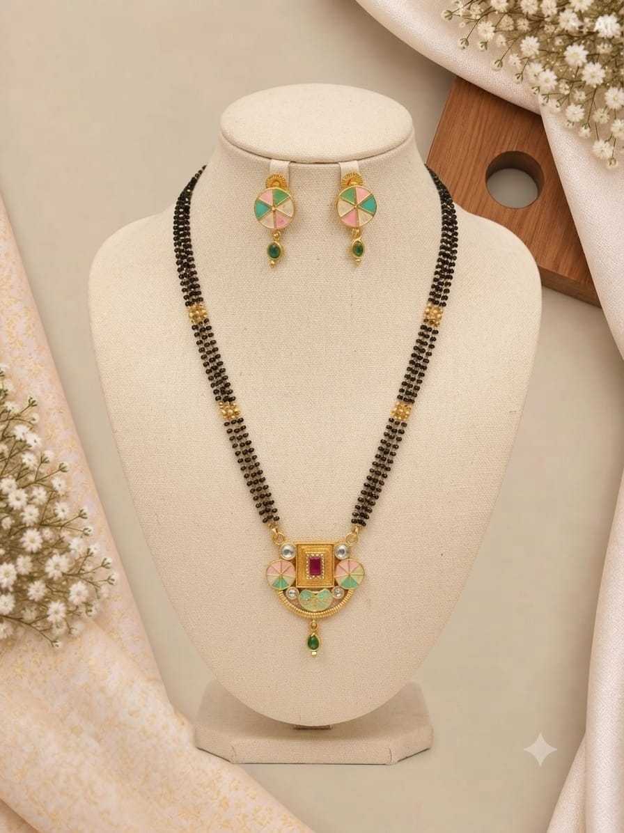 Double Line Mangalsutra with Pastel Enamel Pendant and Studs