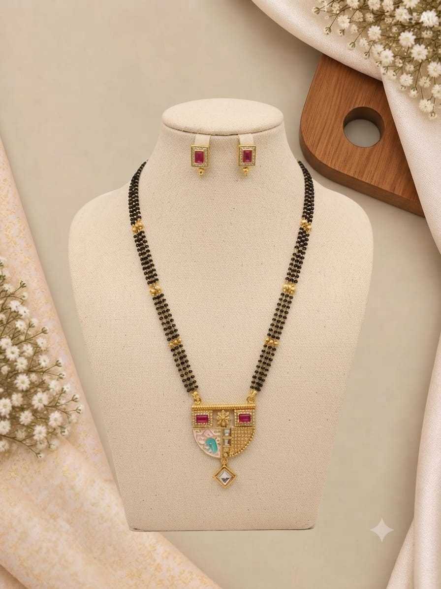 Double Line Mangalsutra with Pastel Enamel Pendant and Studs