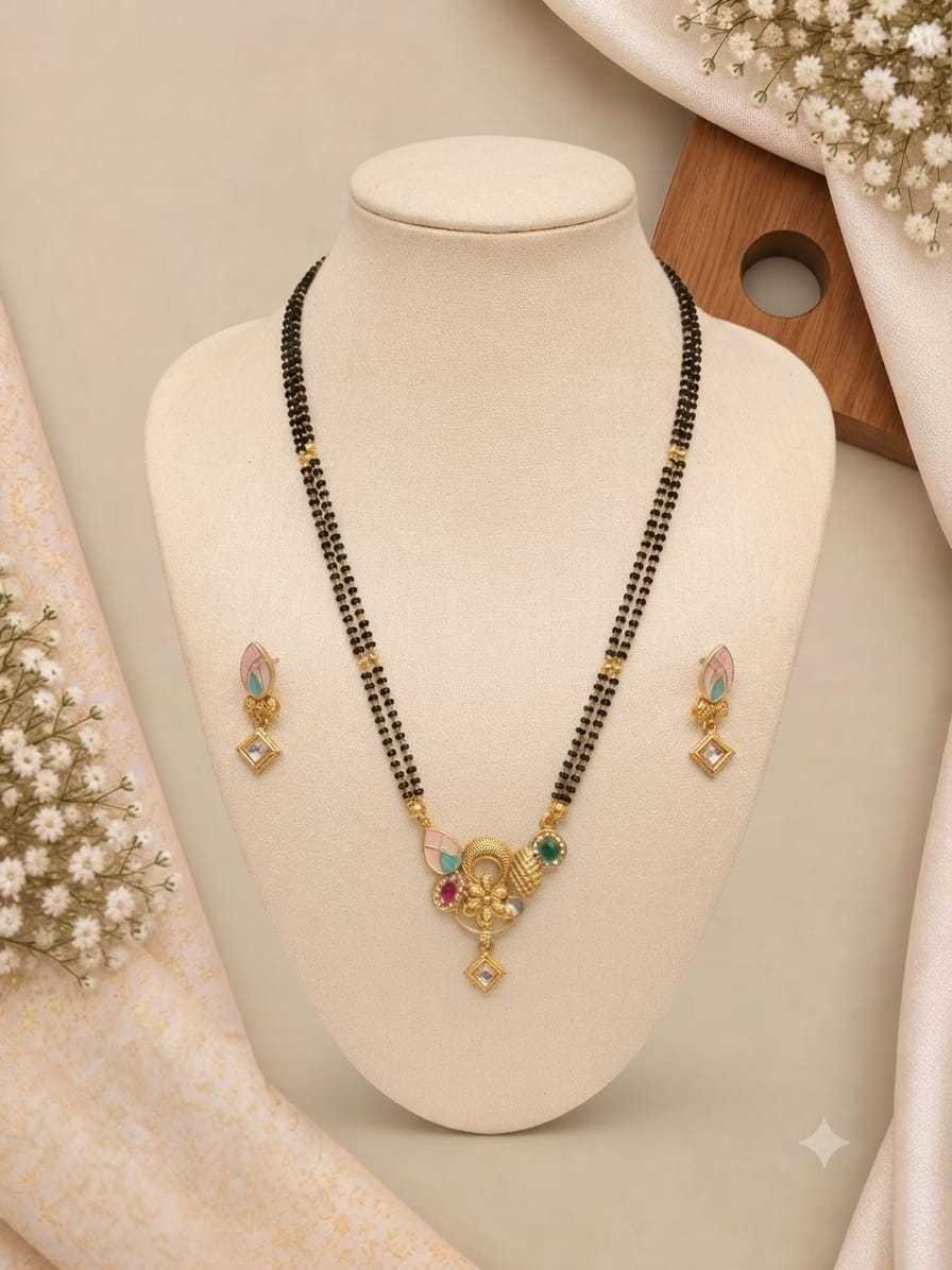 Double Line Mangalsutra with Pastel Enamel Pendant and Studs