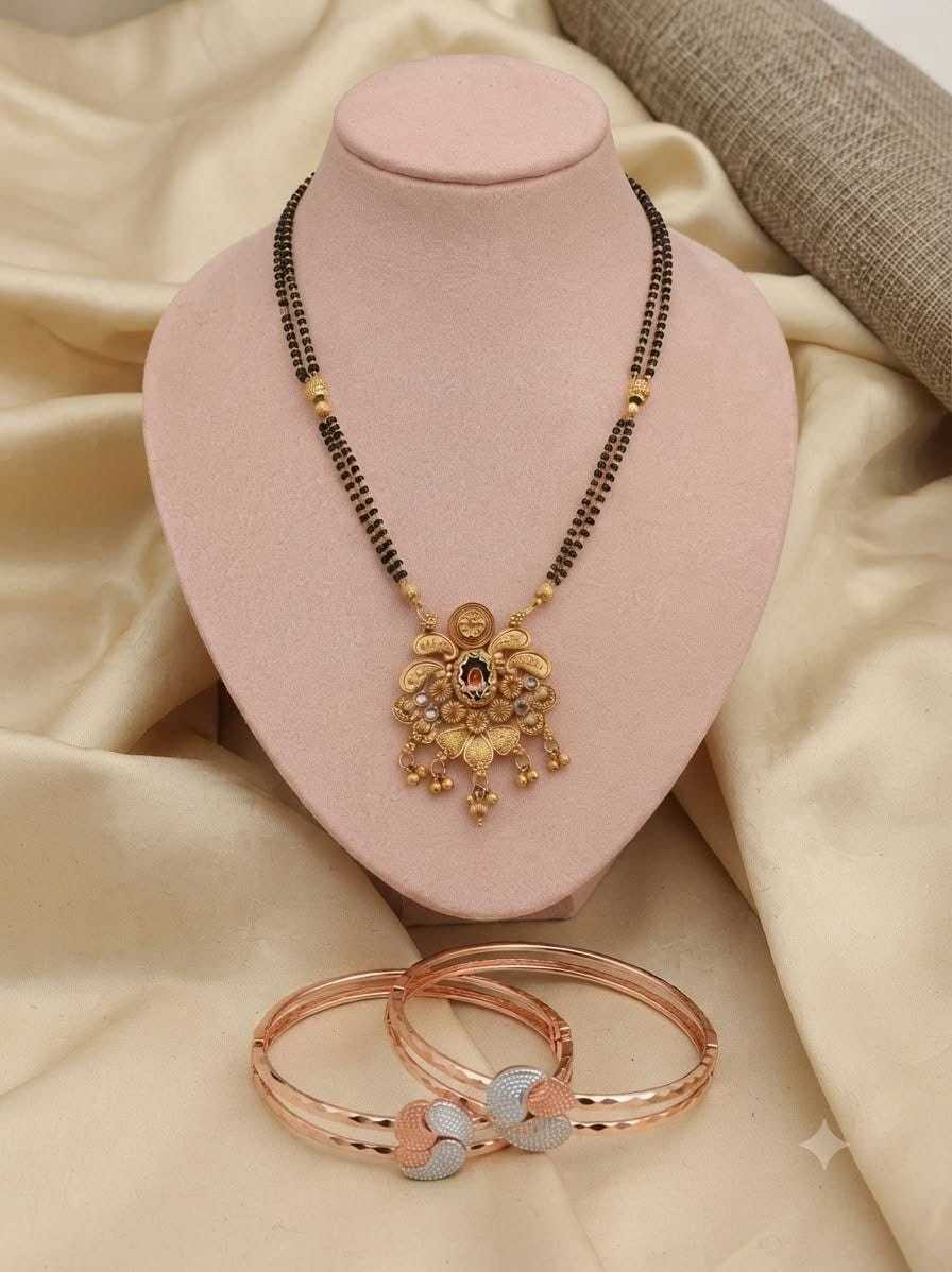 Double Strand Black Bead Mangalsutra with Lotus Pendant