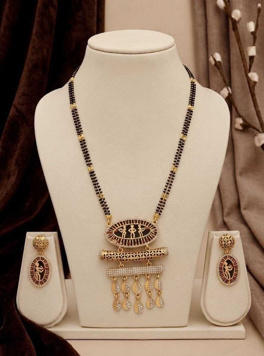 Double-Strand Black Bead Mangalsutra with Tiered Pendant and Earrings
