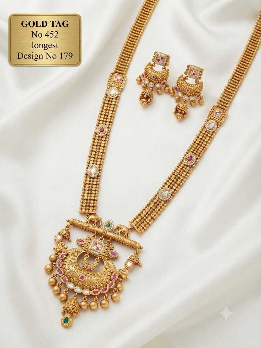 Elephant Bar Chandbali Pendant Long Temple Necklace Set