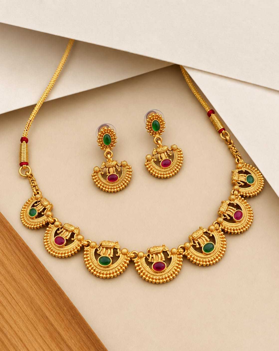 Elephant Crescent Necklace Set with Ruby and Green Stones