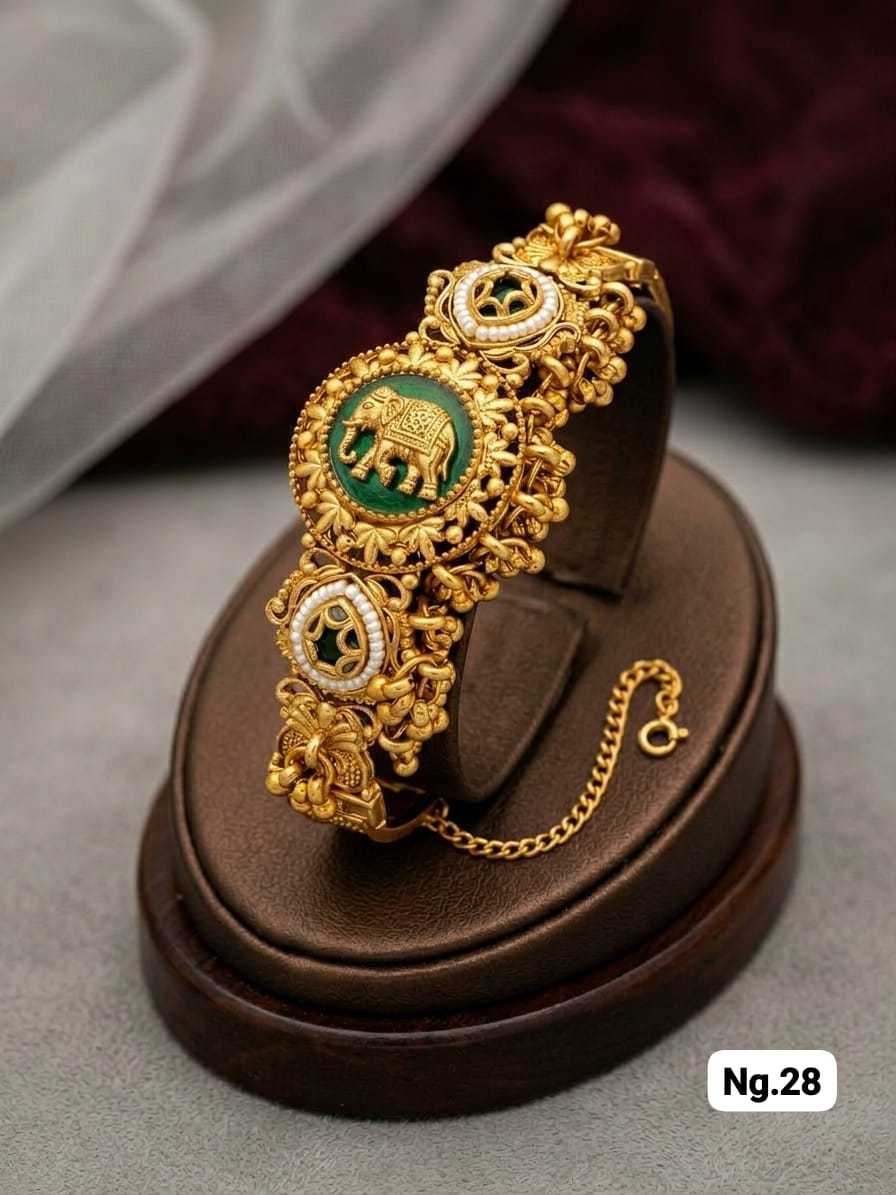Elephant Motif Antique Bracelet with Green Enamel and Pearls