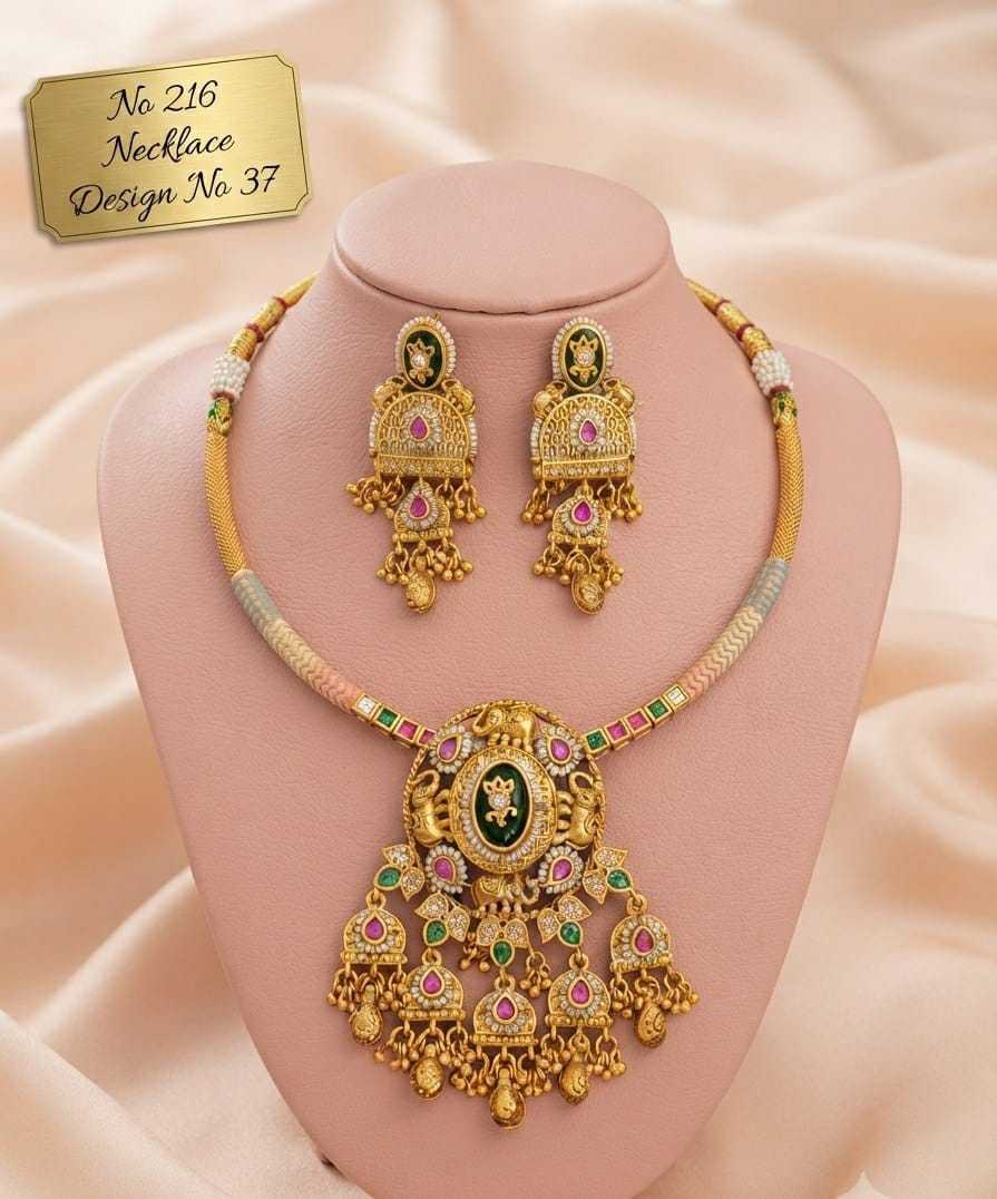 Elephant Oval Pendant Hasli Necklace Set with Jhumki Drops