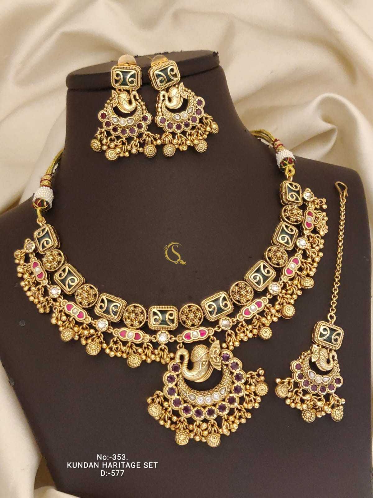 Elephant Pendant Kundan Necklace Set with Maang Tikka
