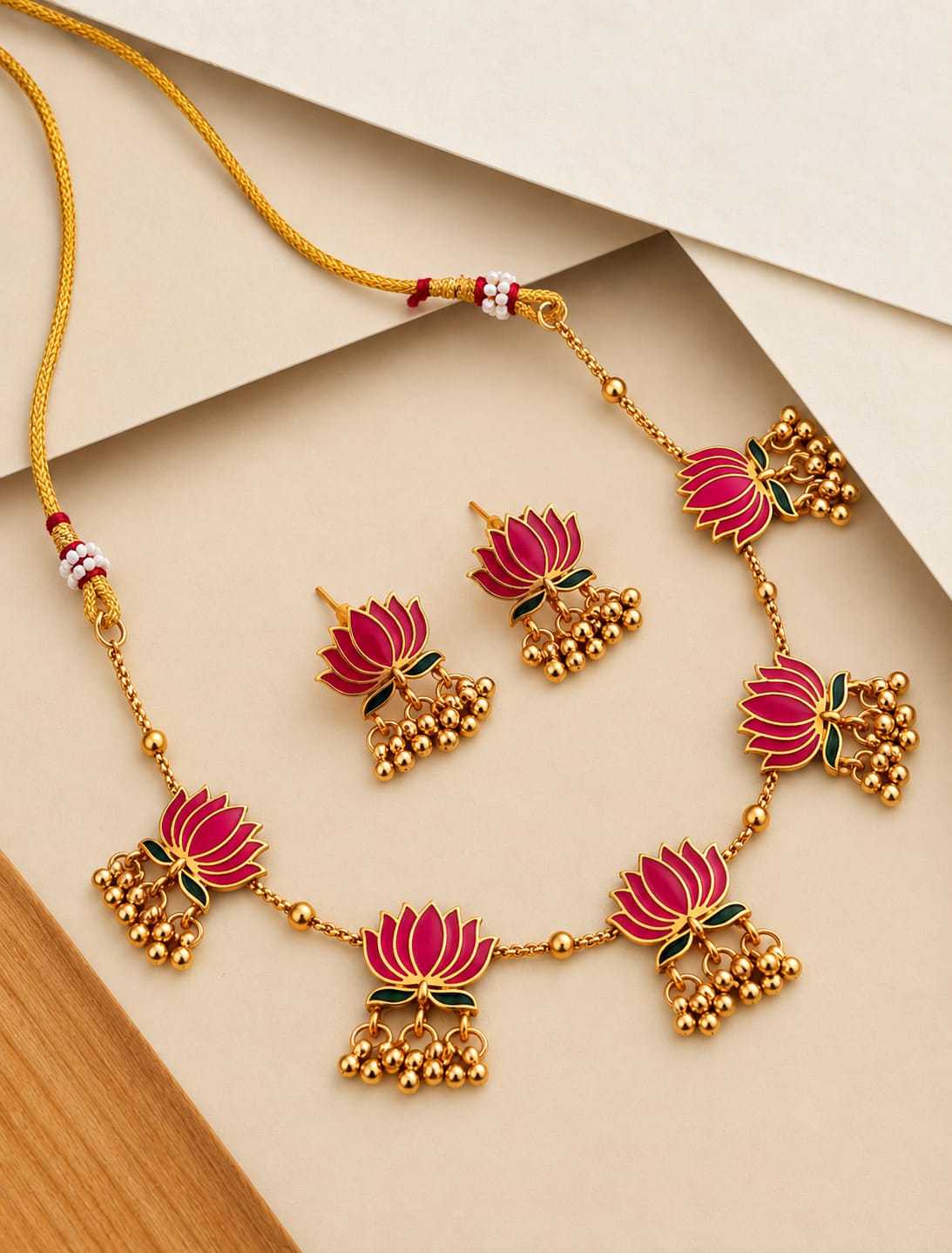 Enamel Lotus Ghungroo Necklace with Lotus Jhumki Studs