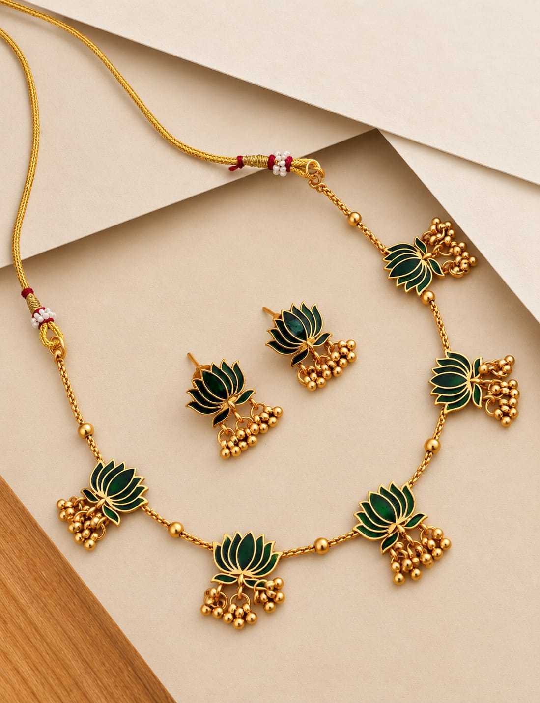 Enamel Lotus Ghungroo Necklace with Lotus Jhumki Studs