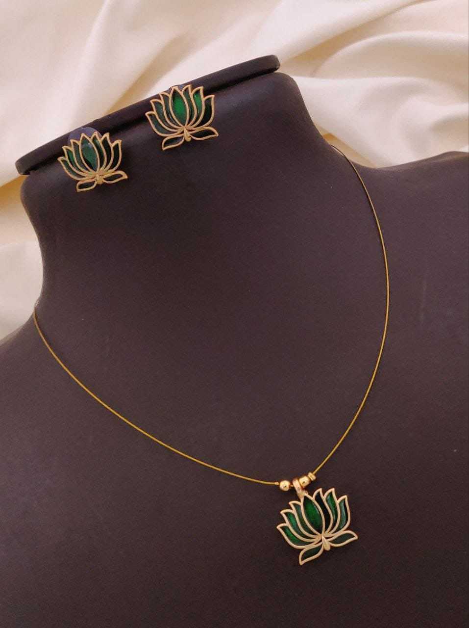 Enamel Lotus Pendant on Invisible Wire Chain with Lotus Studs