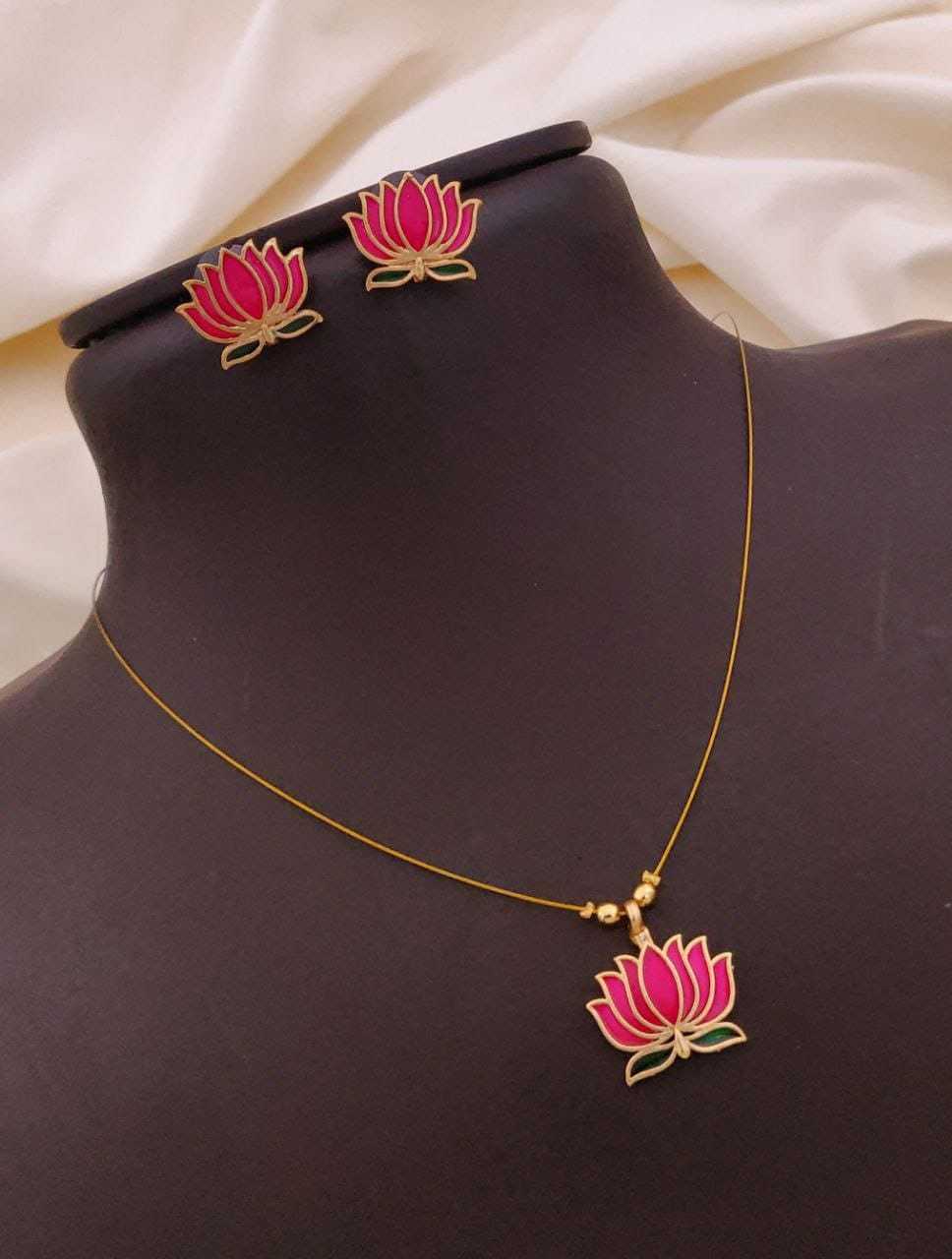 Enamel Lotus Pendant on Invisible Wire Chain with Lotus Studs