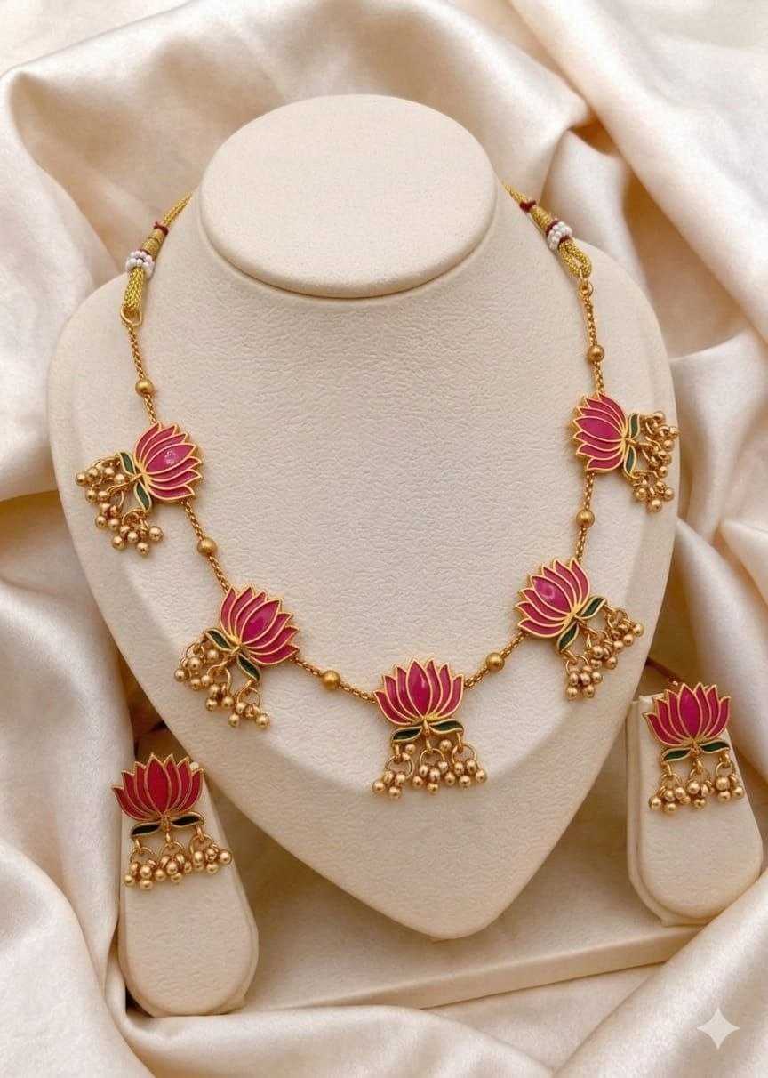 Enamelled Lotus Choker Set with Beaded Clusters