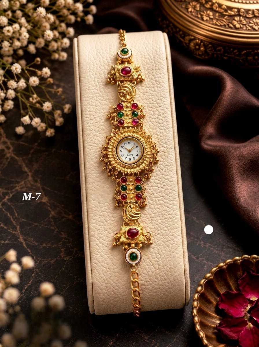 Ethnic Floral Bracelet Watch with Ruby & Emerald