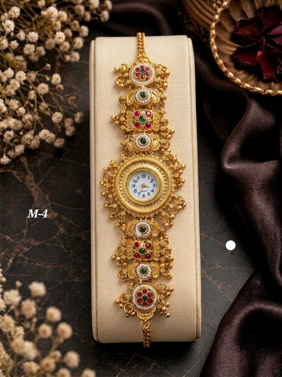 Ethnic Floral Bracelet Watch with Ruby & Emerald