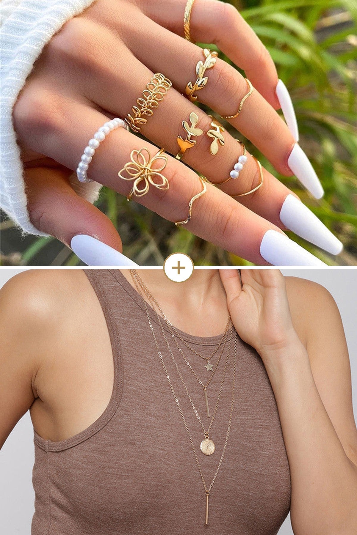 Everyday Gold Look Combo: Set of 10 Rings & Star Coin Necklace