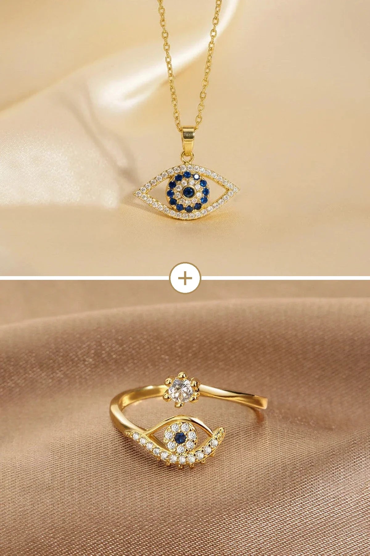 Evil eye pendant necklace and evil eye ring shown together