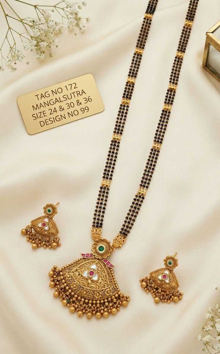 Fan Jaali Pendant Long Mangalsutra Set with Kundan Trefoil