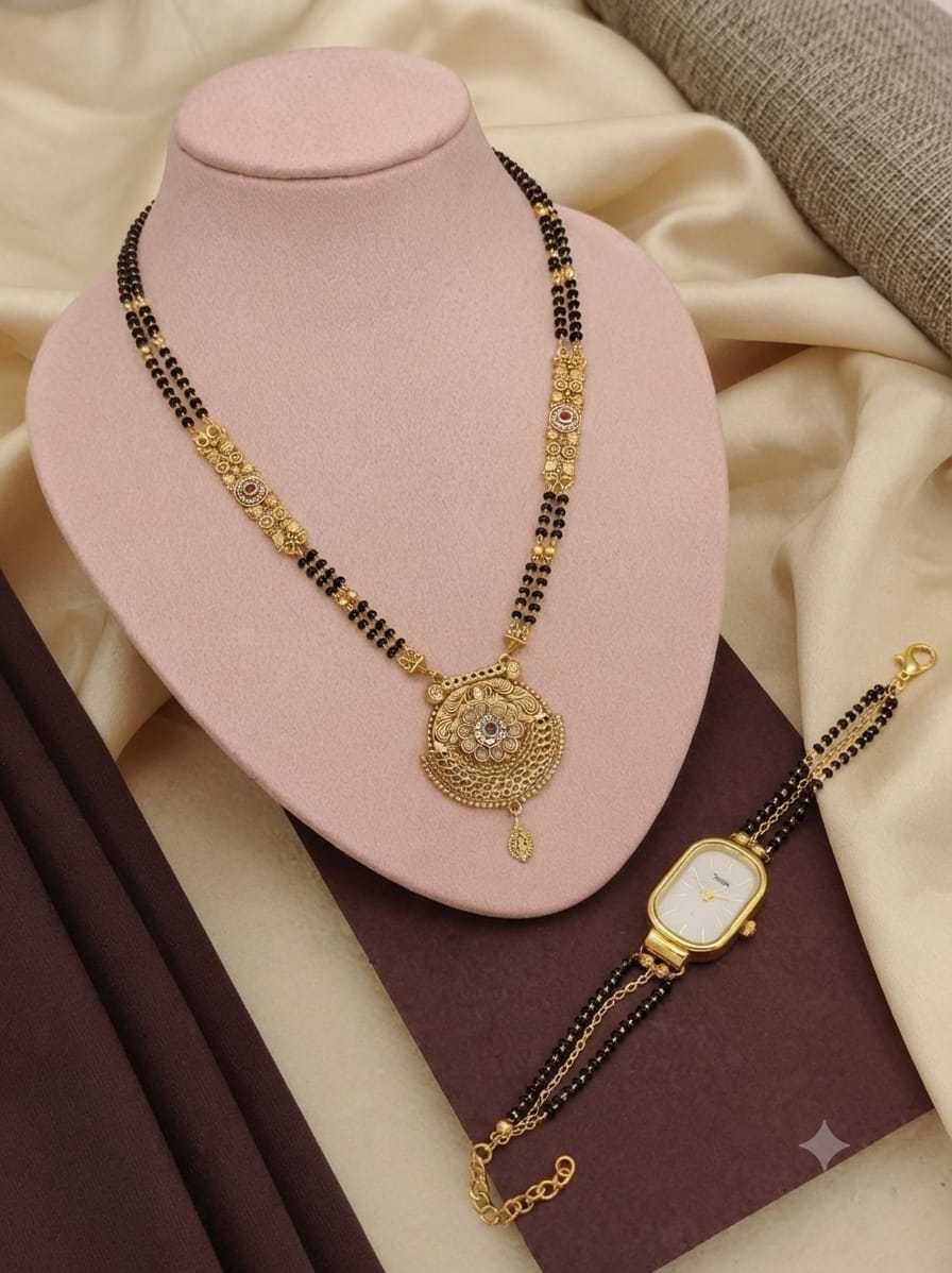 Fan Pendant Mangalsutra with Bead Watch Bracelet