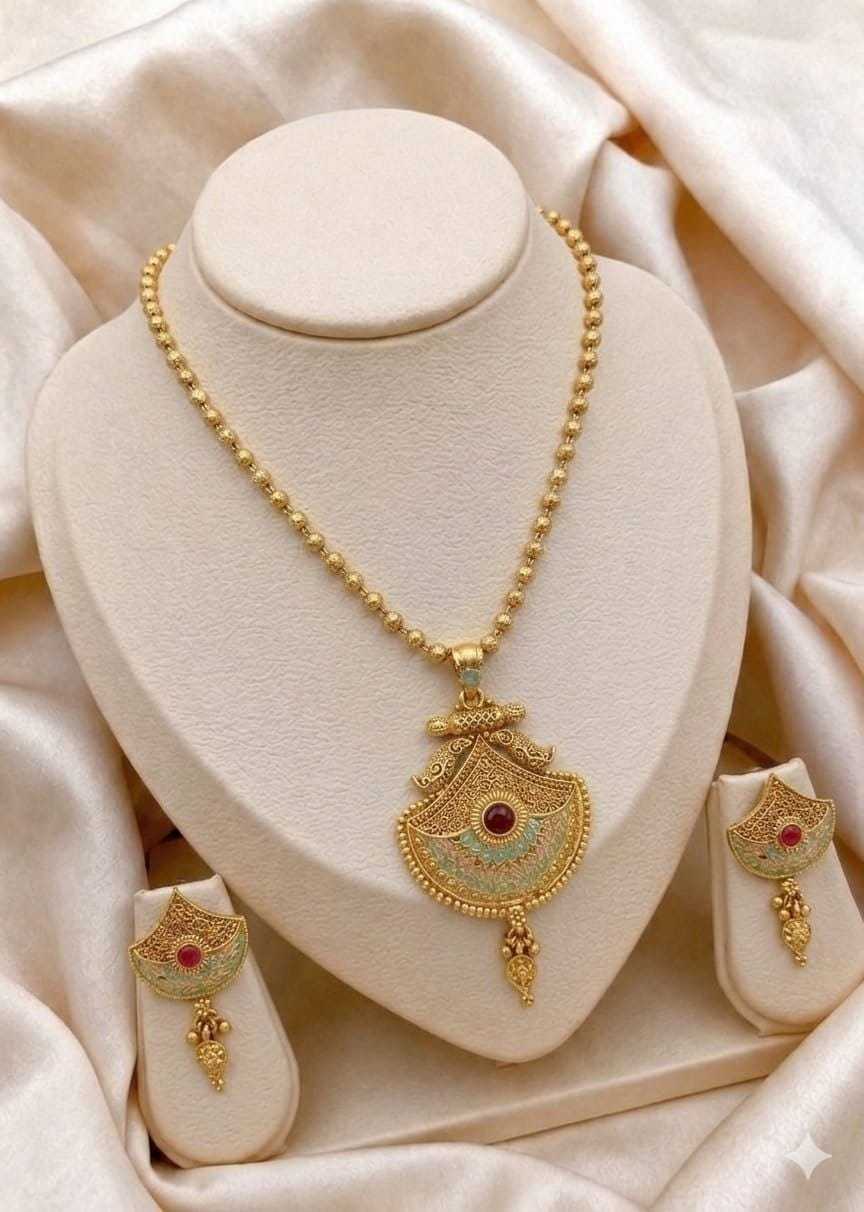 Fan Shaped Pendant Set on Gold Bead Chain
