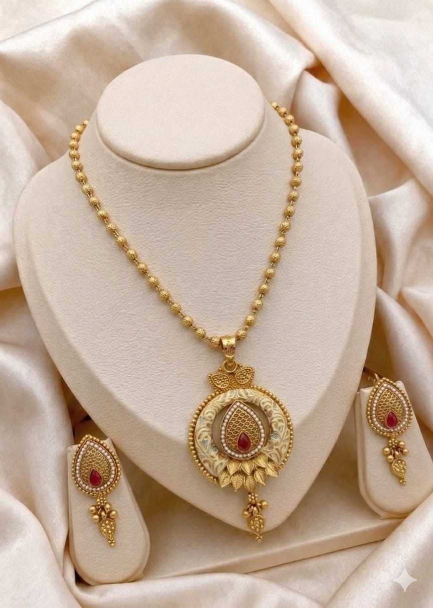 Fan Shaped Pendant Set on Gold Bead Chain