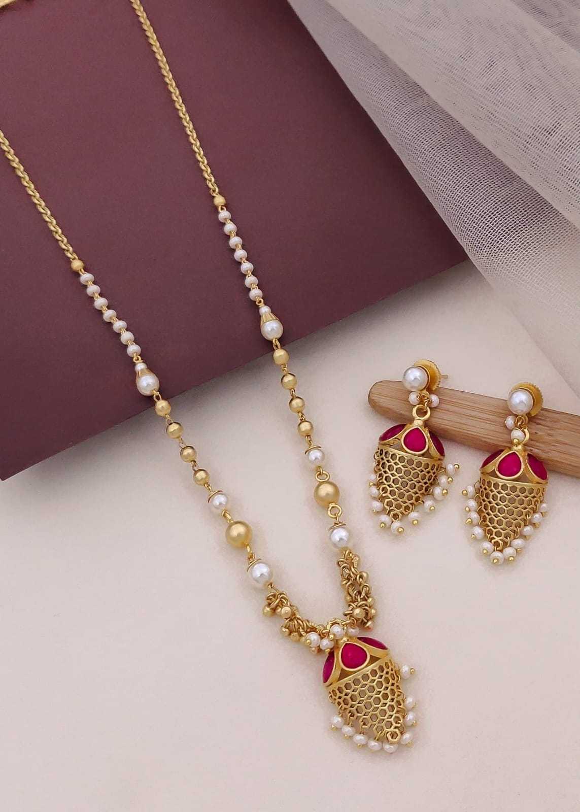Faux Pearl Chain Pendant Set with Ruby Pink Jhumka Drop
