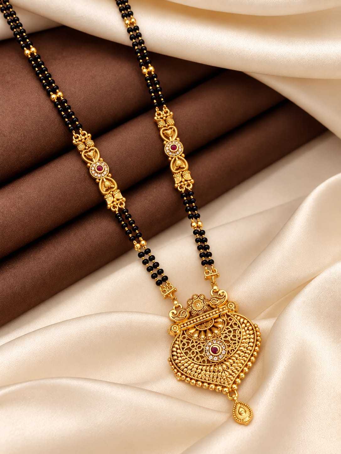Filigree Pendant Long Mangalsutra with Ornate Gold Stations