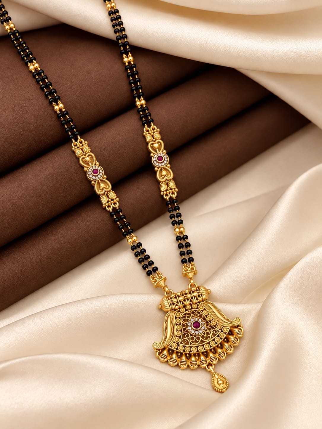 Filigree Pendant Long Mangalsutra with Ornate Gold Stations