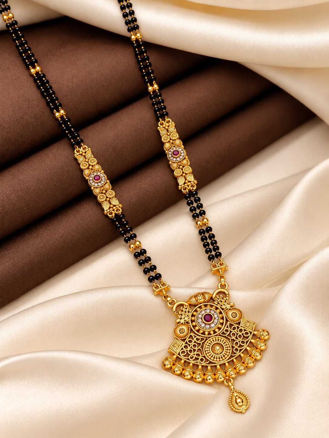 Filigree Pendant Long Mangalsutra with Ornate Gold Stations