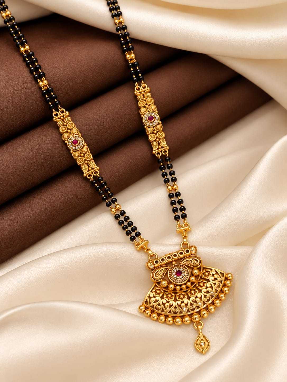 Filigree Pendant Long Mangalsutra with Ornate Gold Stations