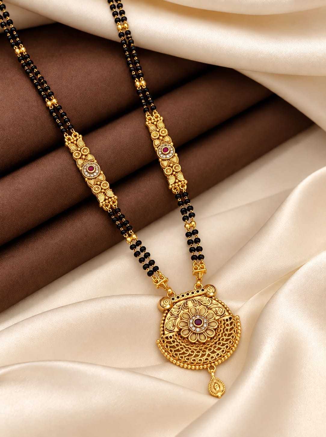 Filigree Pendant Long Mangalsutra with Ornate Gold Stations