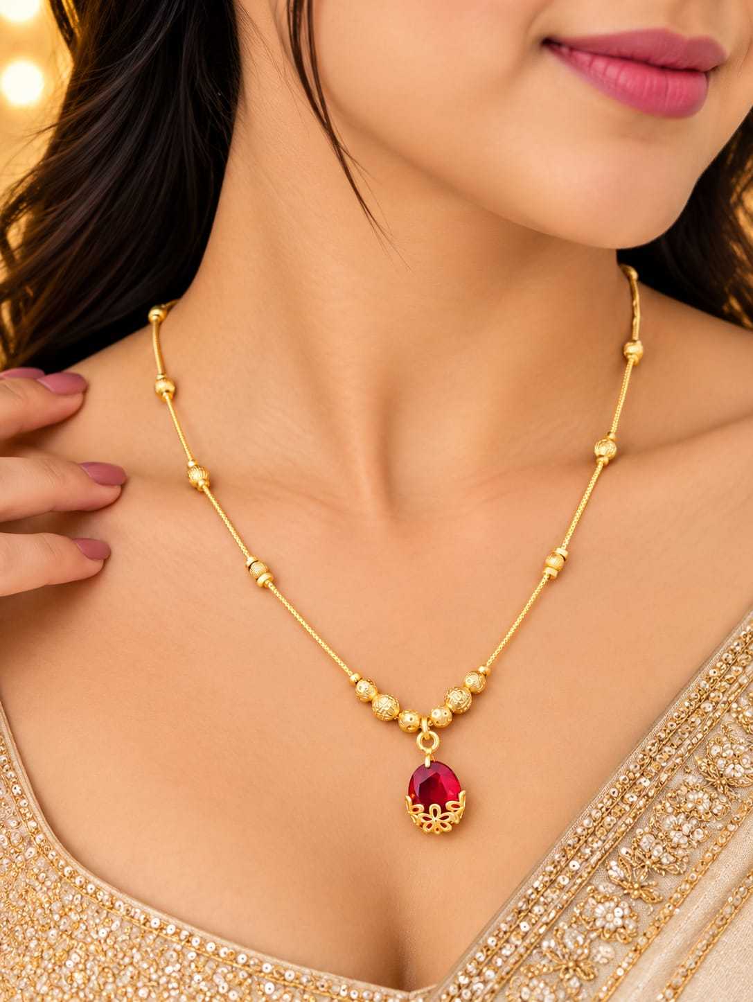 Filigree Teardrop Stone Mangalsutra on Gold Bead Chain