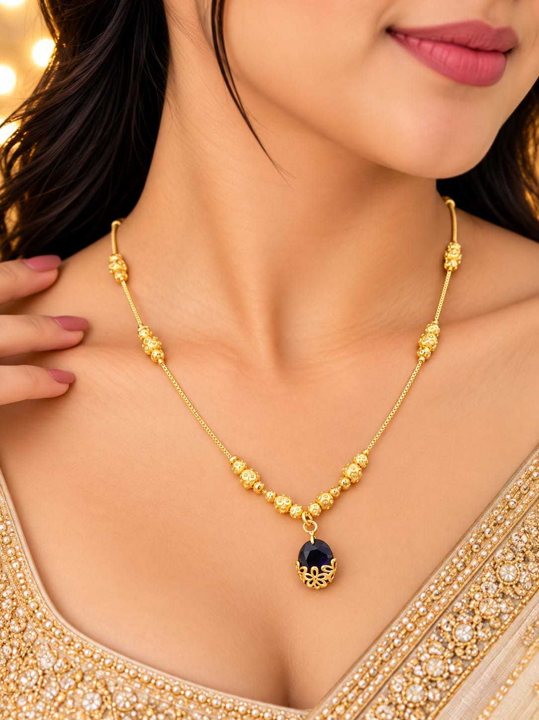 Filigree Teardrop Stone Mangalsutra on Gold Bead Chain