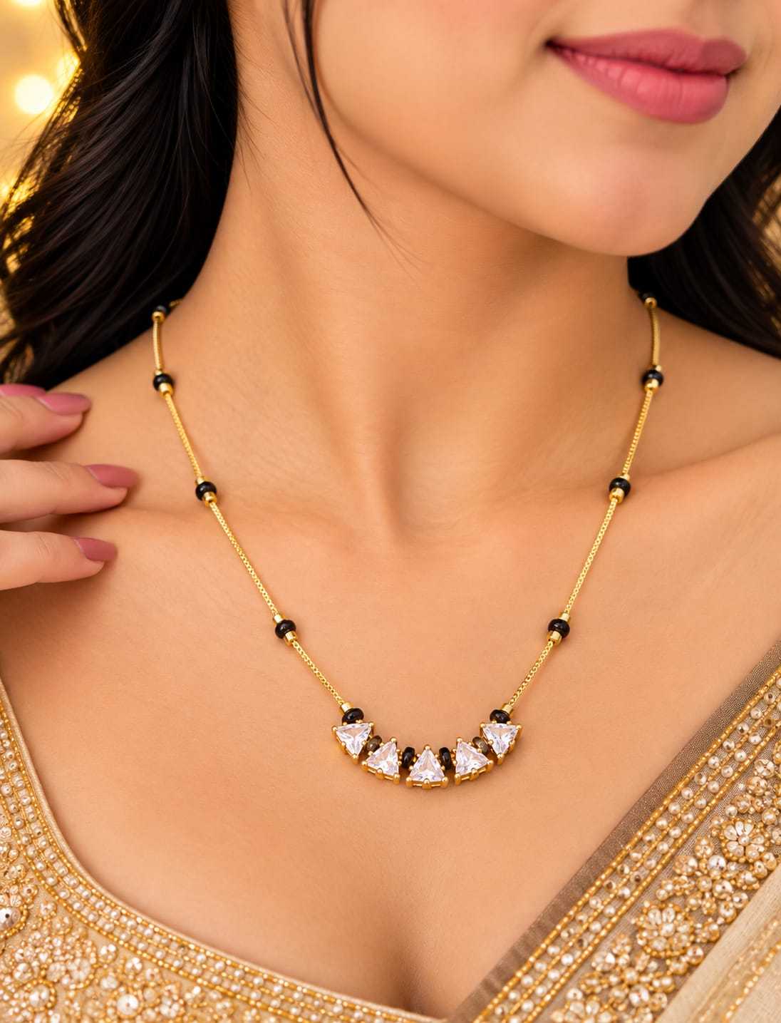 Filigree Teardrop Stone Mangalsutra on Gold Bead Chain