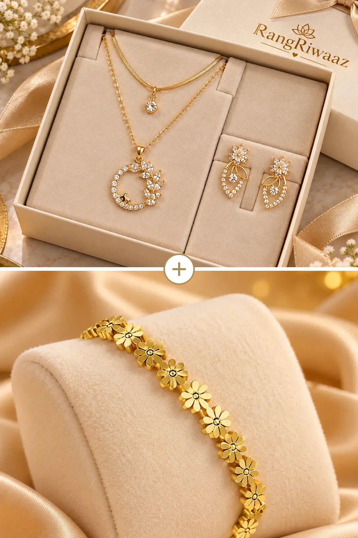 Layered floral pendant set with earrings above a daisy flower bracelet