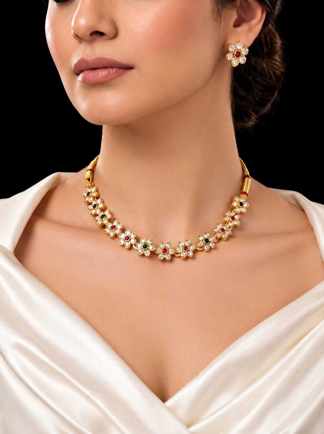 Floral CZ Necklace with Ruby and Emerald Stones and Studs