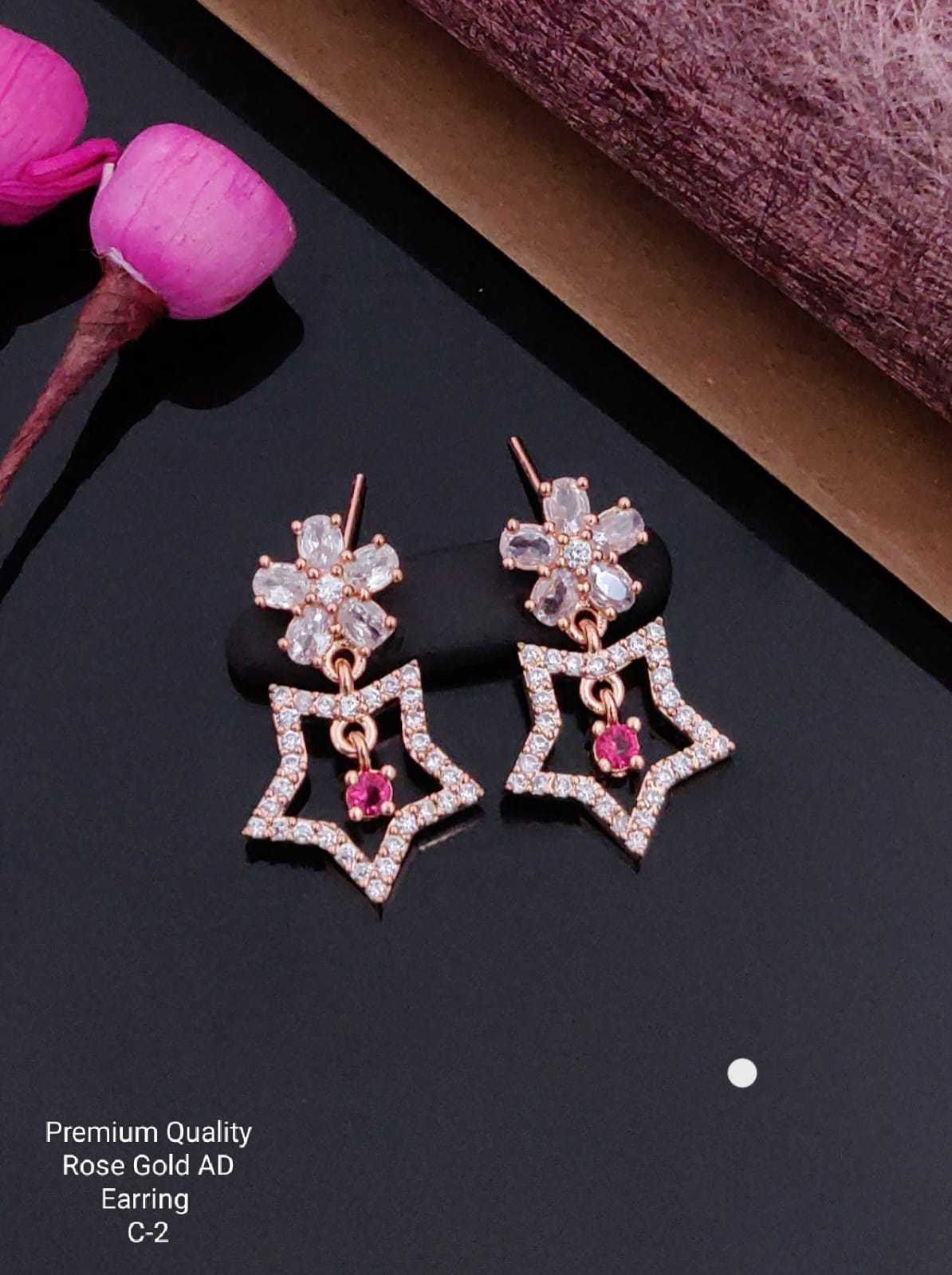 Floral Dangle Earrings with Pink Crystal Drop