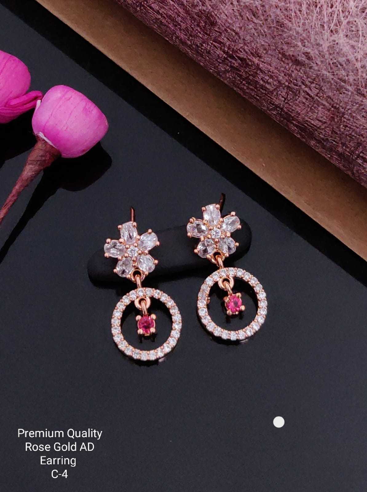 Floral Dangle Earrings with Pink Crystal Drop
