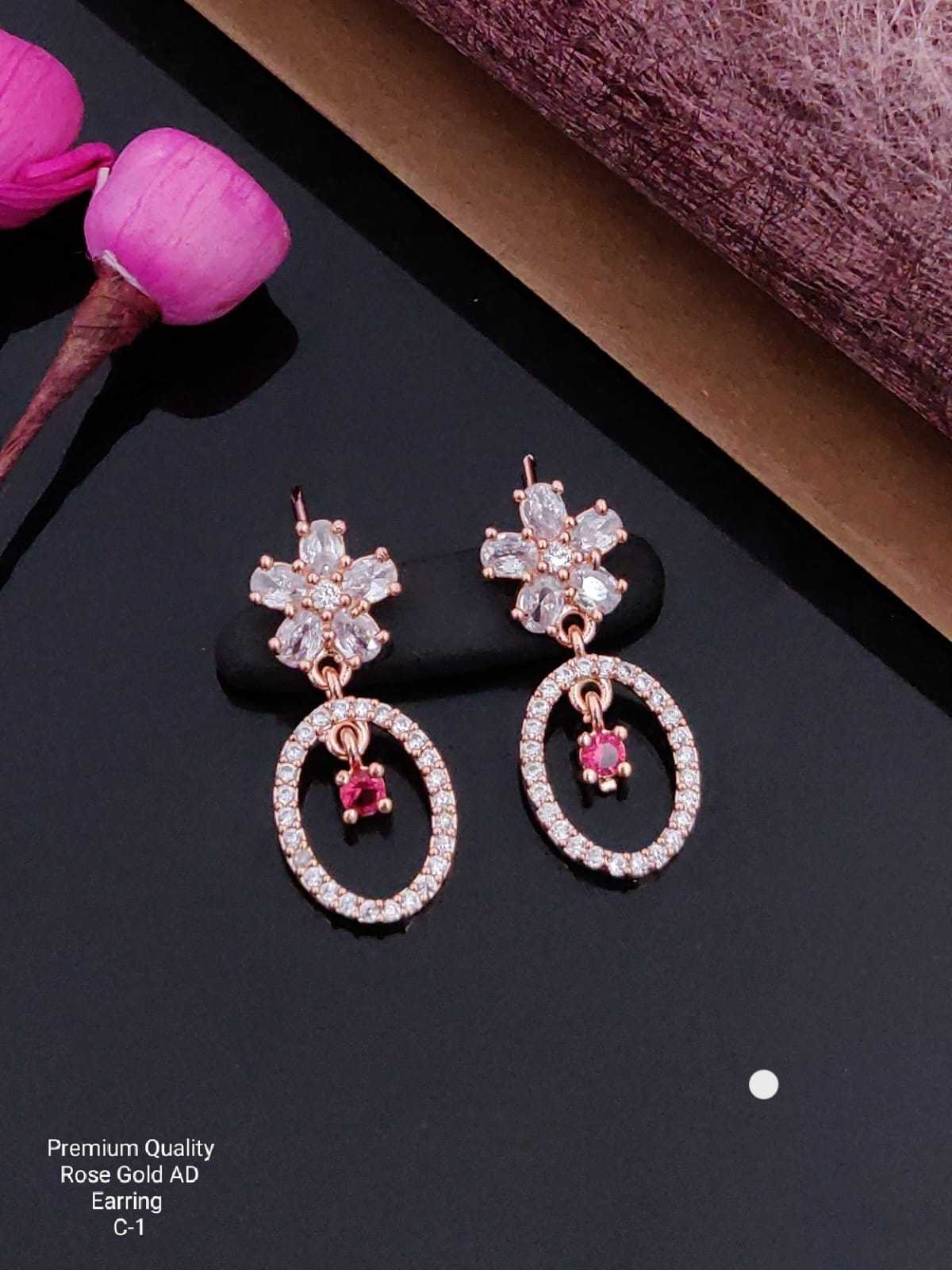 Floral Dangle Earrings with Pink Crystal Drop