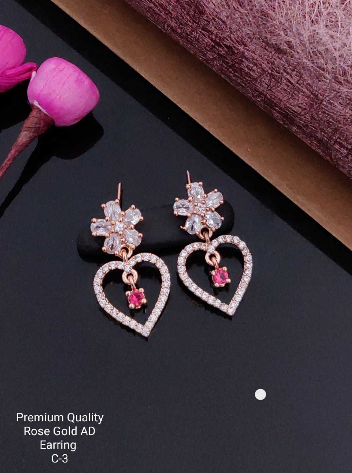 Floral Dangle Earrings with Pink Crystal Drop
